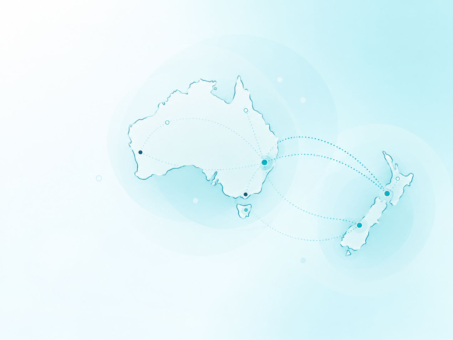 Outline map of Australia and New Zealand showing connected Mindlogik support pathways