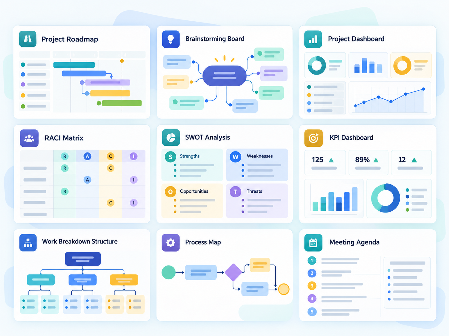 Illustrated gallery of roadmap, brainstorming, dashboard, RACI and project-planning templates