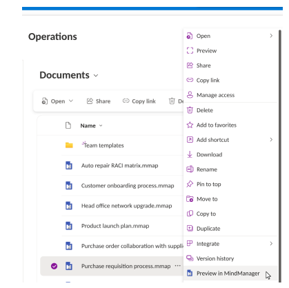 MindManager preview command in a Microsoft 365 document library